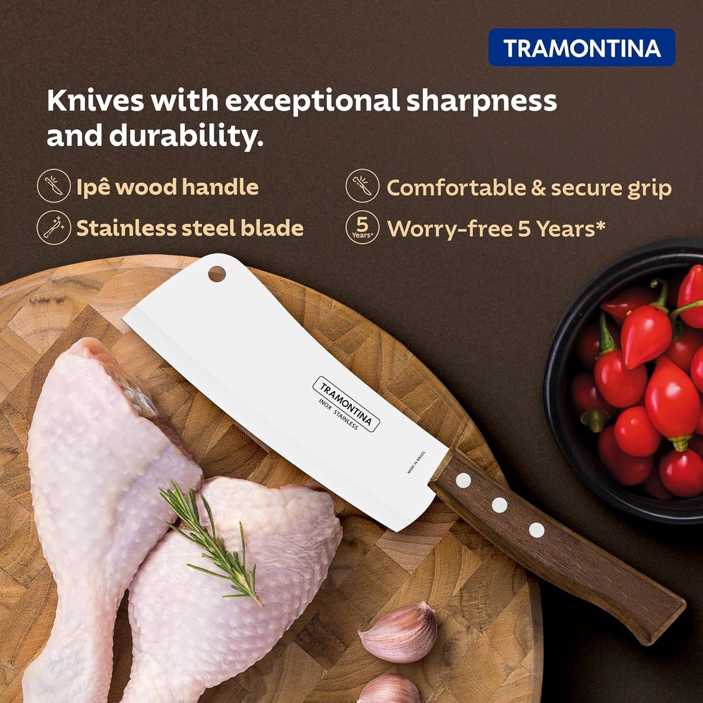 Tramontina Meat Cleaver 15cm | Heavy-Duty Stainless Steel Chopper Knife with Premium Wooden Handle for Kitchen & Butchery