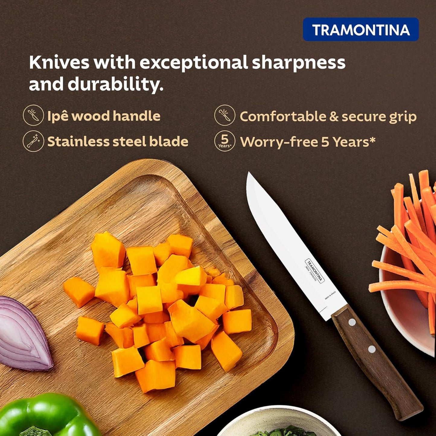 Tramontina 15cm Utility Kitchen Knife | Sharp Stainless Steel Blade with Premium Brazilian Wood Handle
