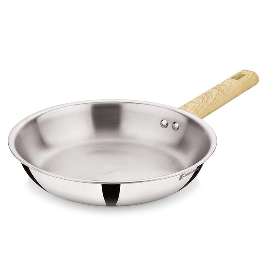 Bergner Tri-Oak Triply Stainless Steel Fry Pan 20cm with Wooden Handle | Induction & Gas Compatible