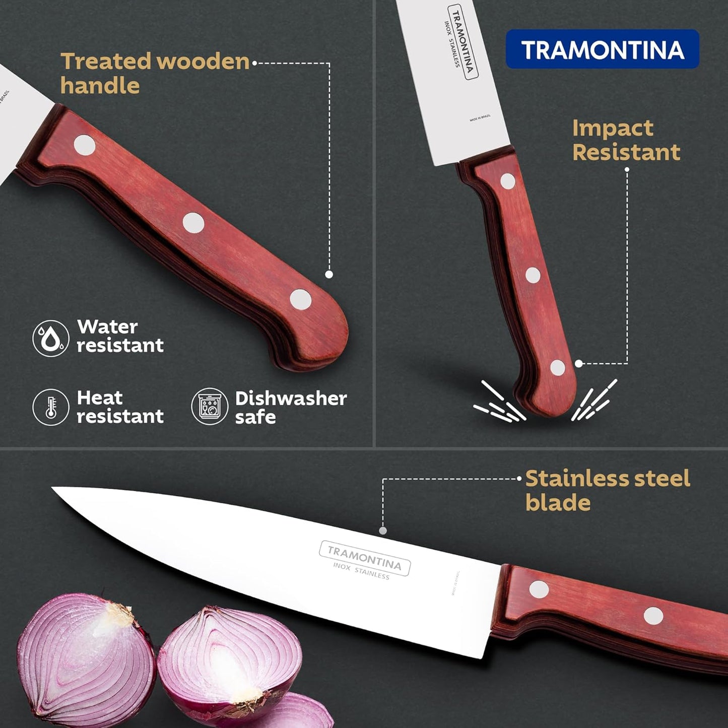 TRAMONTINA Polywood 6 Inch Chef Knife | Stainless Steel Cooking Knife | Wooden Handle Kitchen Knife