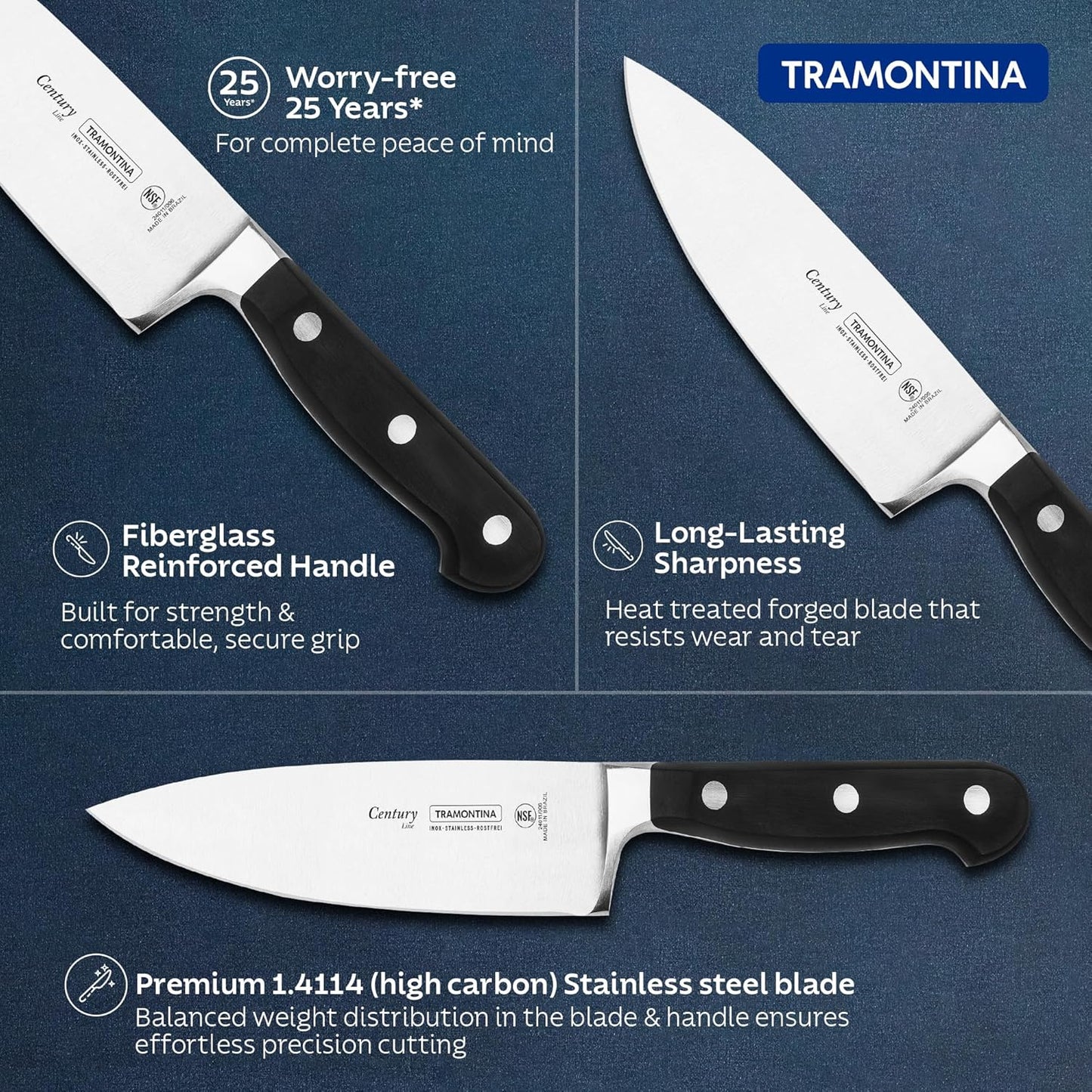 Century 6 Inch Stainless Steel Chef Knife | Professional Kitchen Cutting Knife | Ergonomic Handle