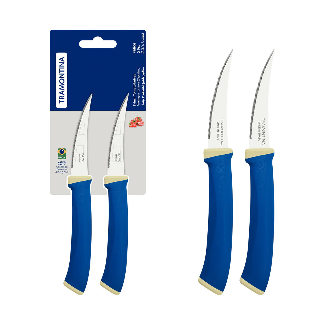 Tramontina Stainless Steel Tomato Knife Set of 2 | Blue Handle Kitchen Knives