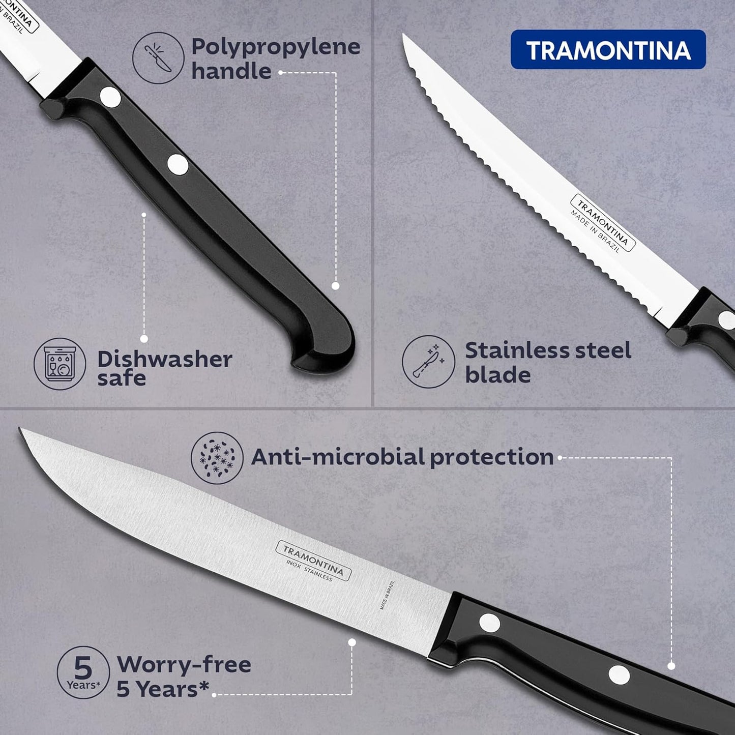 Tramontina Ultracorte Knife Set of 3 | Sharp Antimicrobial Stainless Steel Kitchen Knives for Everyday Food Preparation