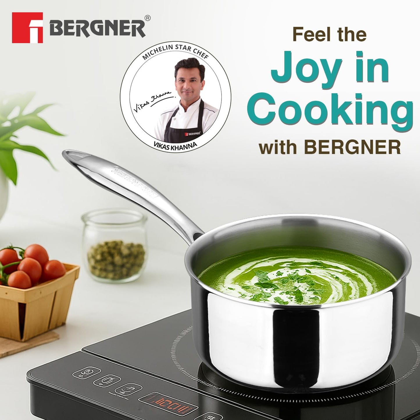 Bergner Tri-Oak Triply Saucepan with Wooden Handle
