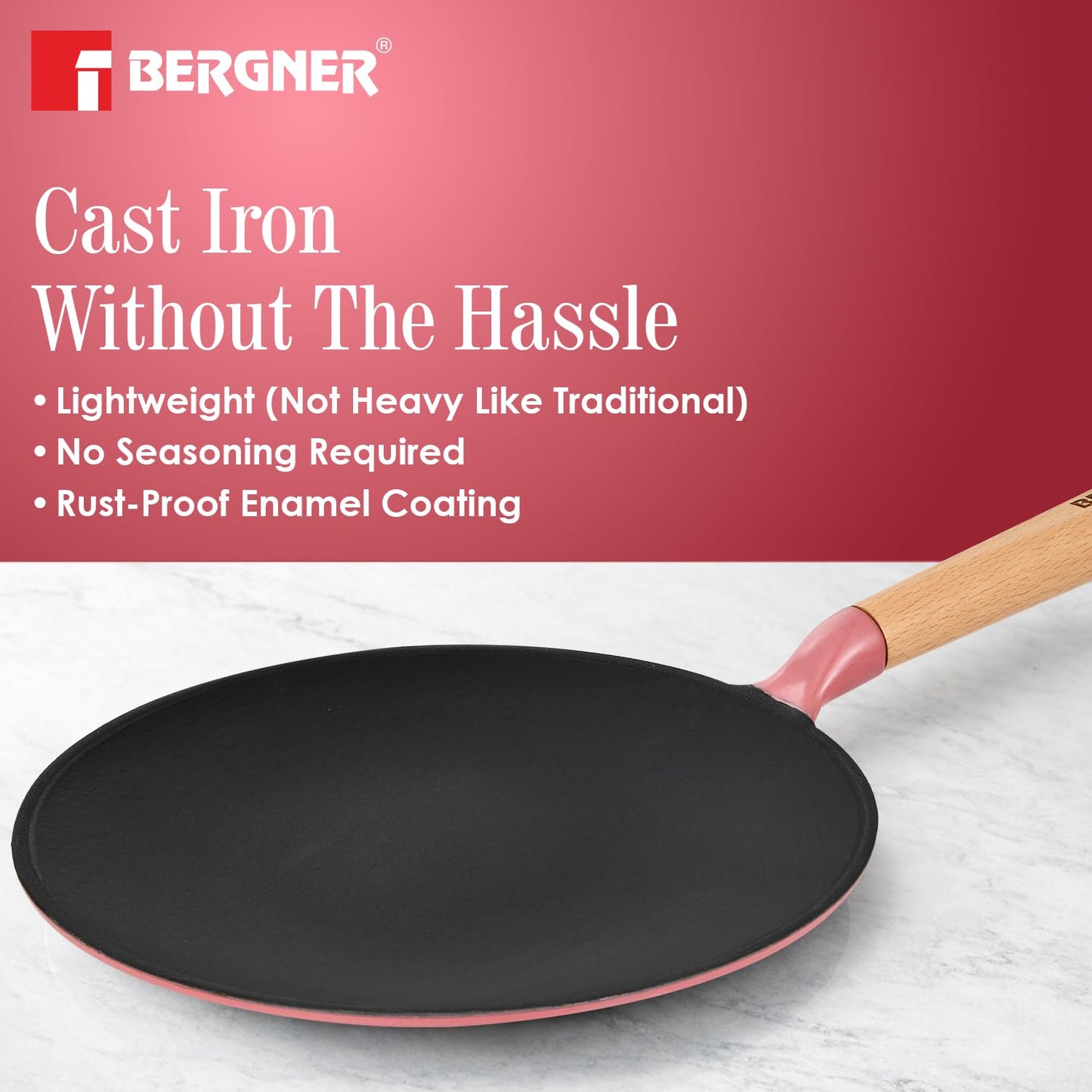 Bergner Excalibur 26cm Cast Iron Roti Tawa | PFAS-Free Non-Stick Pink