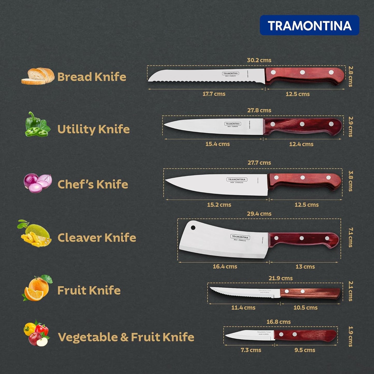 Polywood 3 Inch Vegetable & Fruit Knife | Stainless Steel Spear Point Blade | Heat & Impact Resistant Wooden Handle | Red