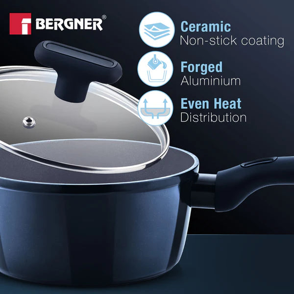 Bergner Jade Forged Aluminium Saucepan 18cm (1.8L) with Glass Lid | Ceramic Non-Stick