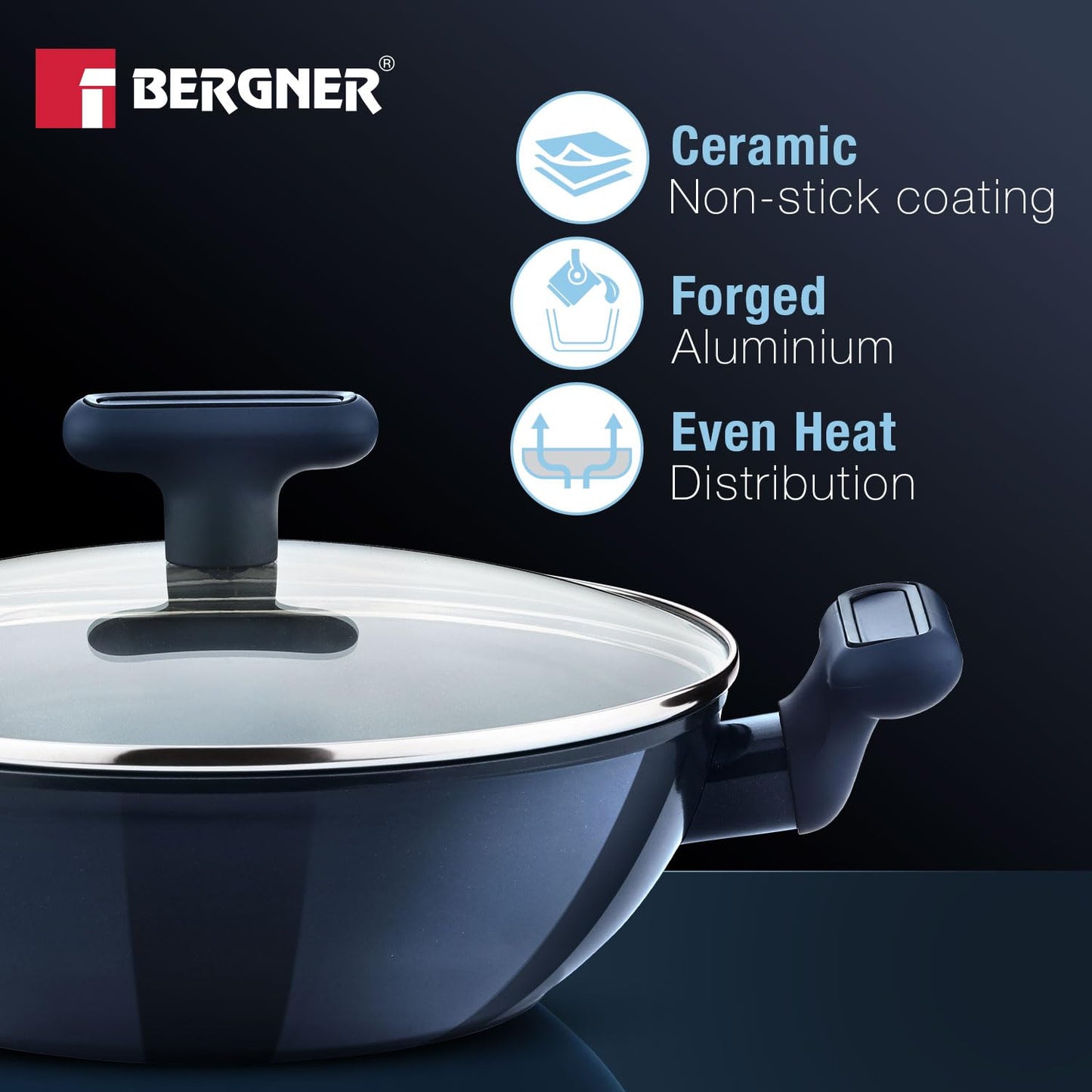 Bergner Jade Ceramic Non-Stick Kadai 20cm (1.2L) with Glass Lid | Forged Aluminium