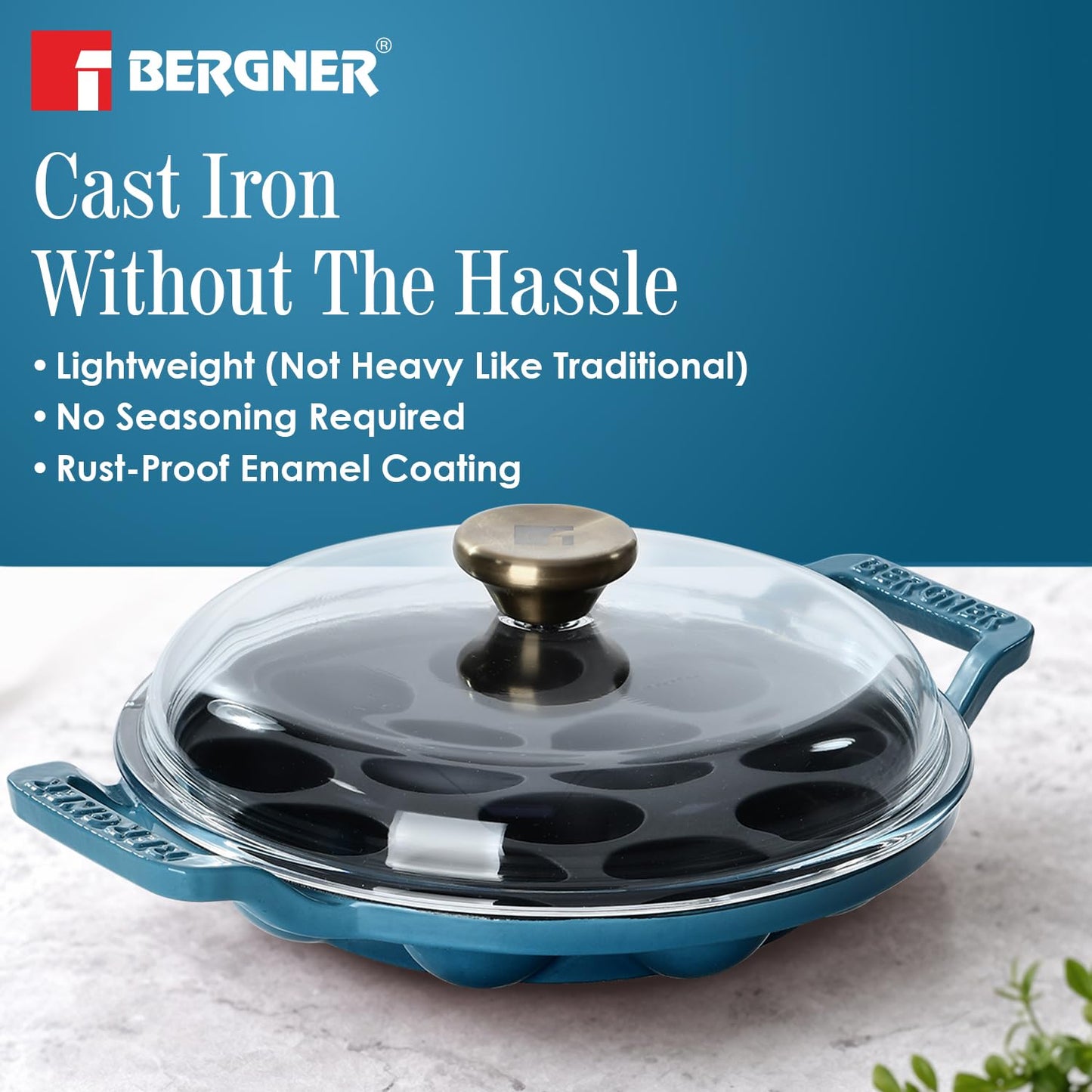 Bergner Excalibur 22cm Appam Pan with Lid | 12 Pits Cast Iron Paniyarakal Blue