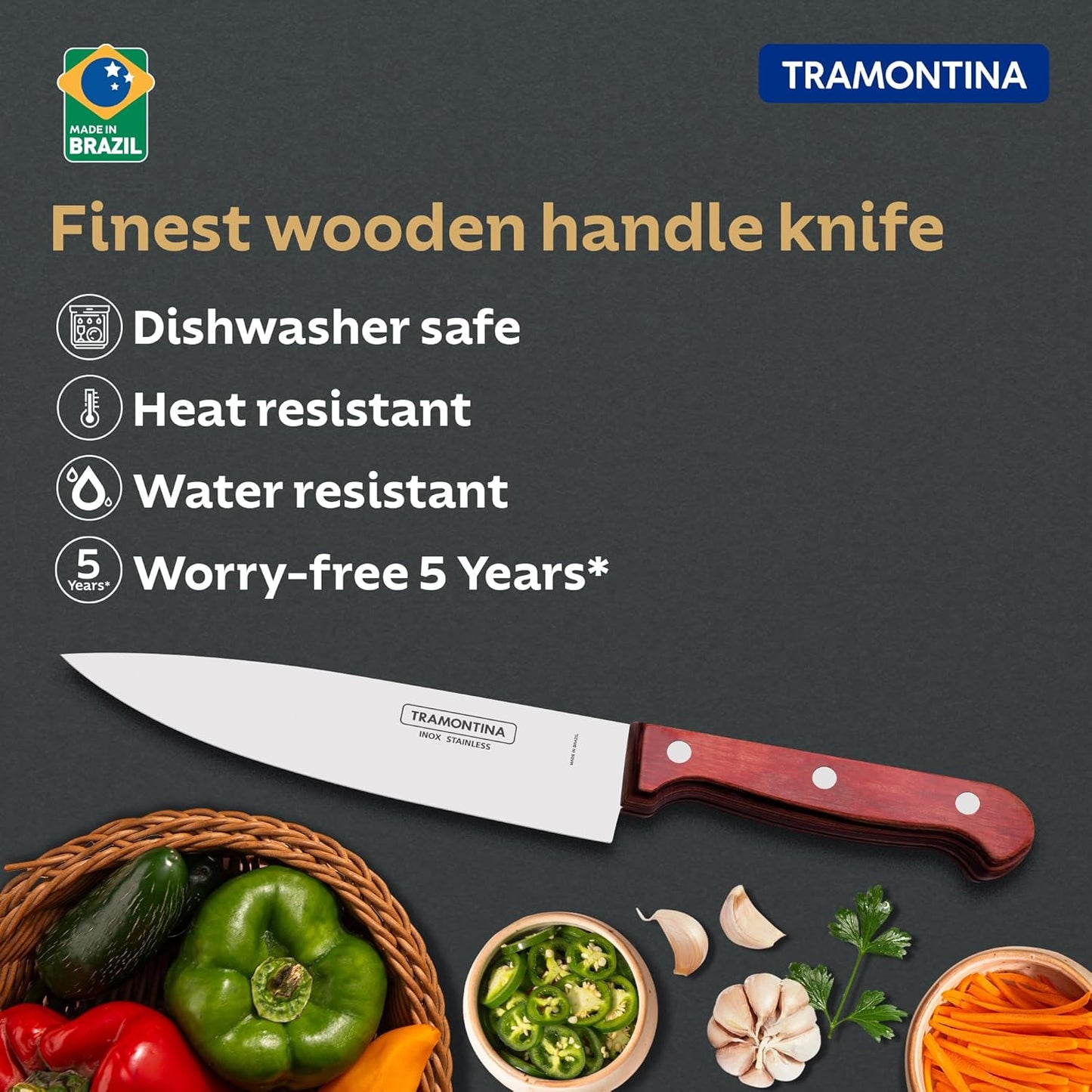 TRAMONTINA Polywood 6 Inch Chef Knife | Stainless Steel Cooking Knife | Wooden Handle Kitchen Knife