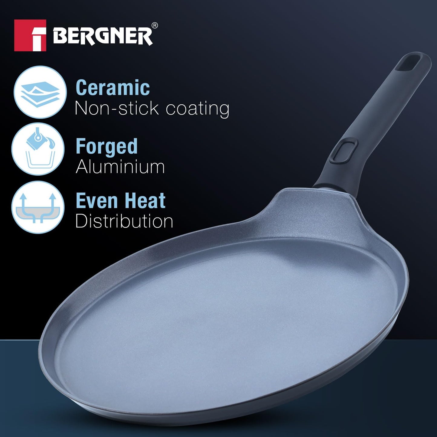 Bergner Jade 28cm Ceramic Non-Stick Dosa Tawa | Forged Aluminium | Induction Ready