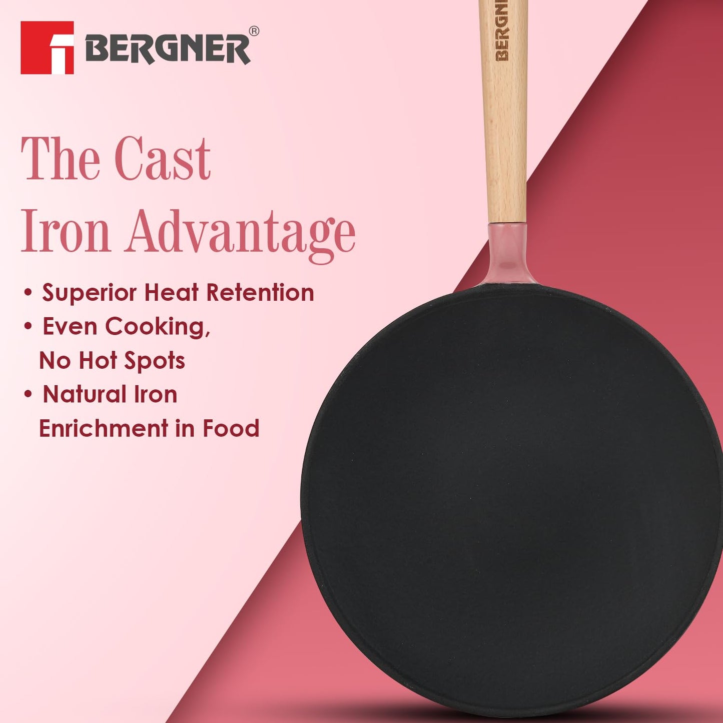 Bergner Excalibur 26cm Cast Iron Roti Tawa | PFAS-Free Non-Stick Pink