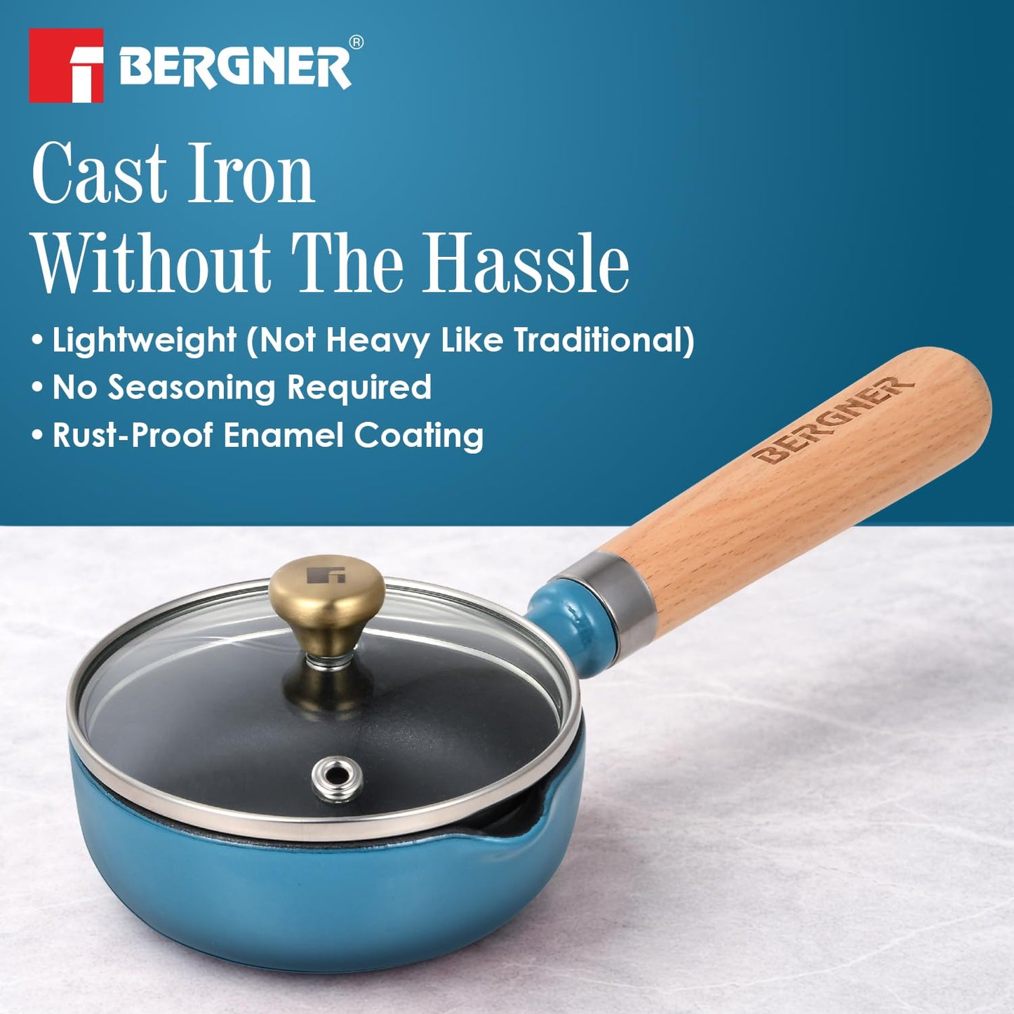 Bergner Excalibur 12cm Cast Iron Tadka Pan with Lid | Blue