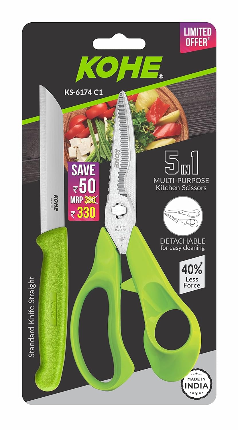 KOHE 5 in 1 Multi - Purpose Stainless Steel Detachable Kitchen Scissors with 1 Standard Non Serrated Classic Kitchen Knife | Kitchen Knife Set