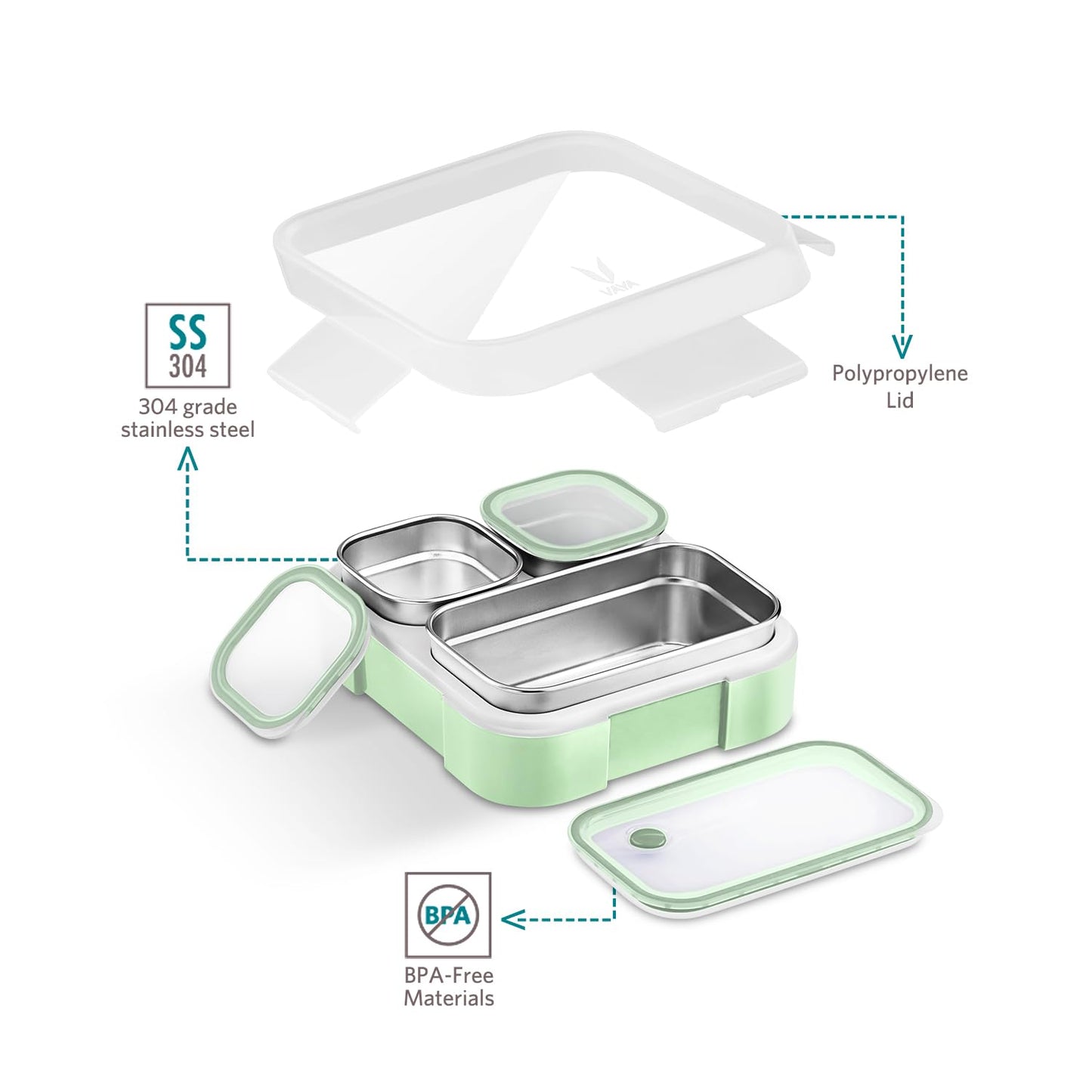 VAYA Tydbyt Kids Lunch Box 650ml Stainless Steel Bento Tiffin Box with 3 Leakproof Containers