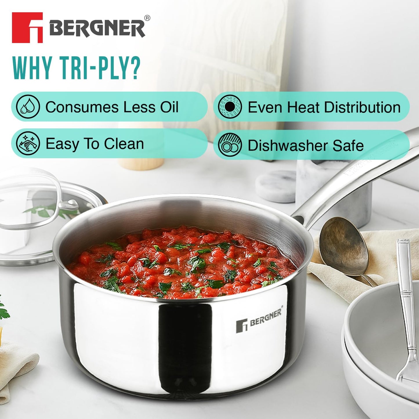 Bergner Tri-Oak Triply Saucepan with Wooden Handle