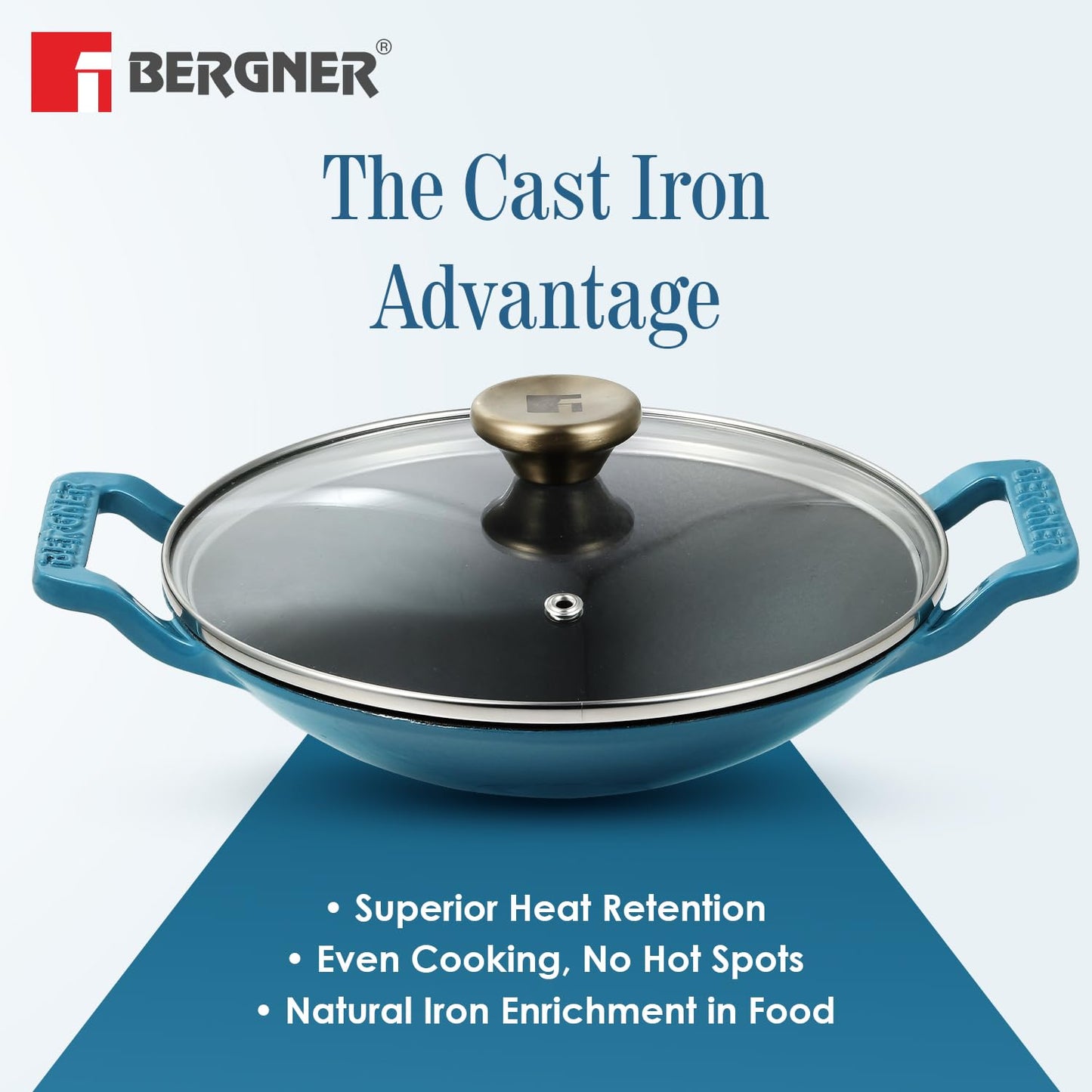 Bergner Excalibur 22cm Appachetty with Lid | 1L Cast Iron Non-Stick CoatingBlue