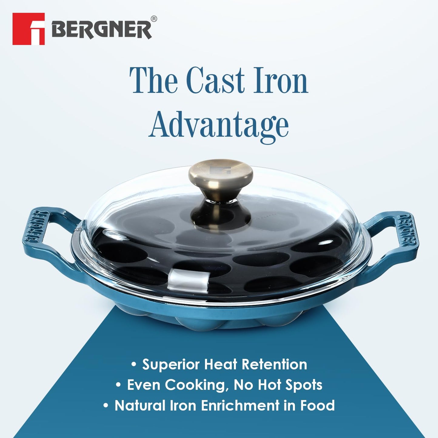 Bergner Excalibur 22cm Appam Pan with Lid | 12 Pits Cast Iron Paniyarakal Blue