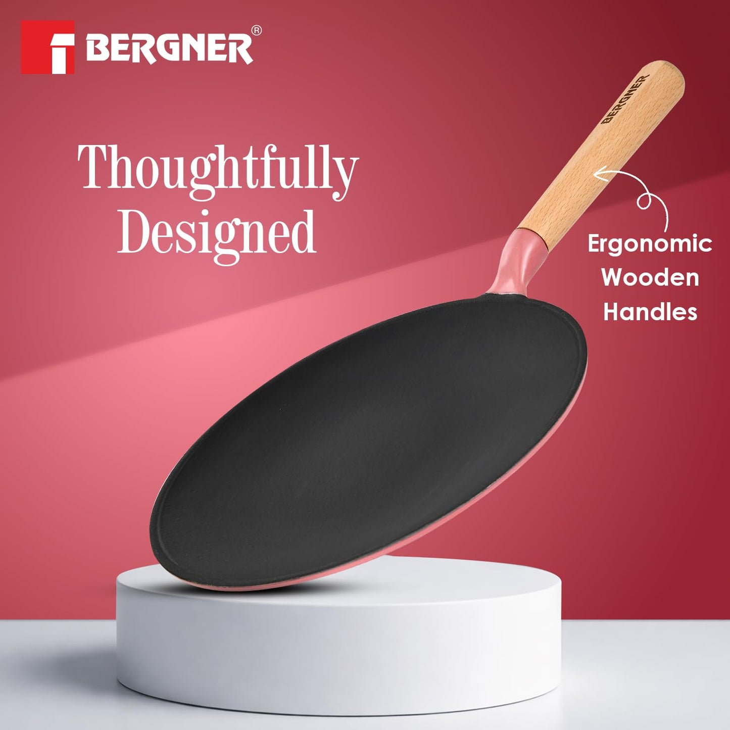 Bergner Excalibur 26cm Cast Iron Roti Tawa | PFAS-Free Non-Stick Pink
