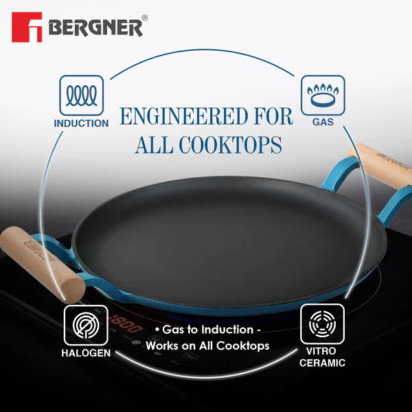 Bergner Excalibur 28cm Cast Iron Dosa Tawa with Double Handles | Blue