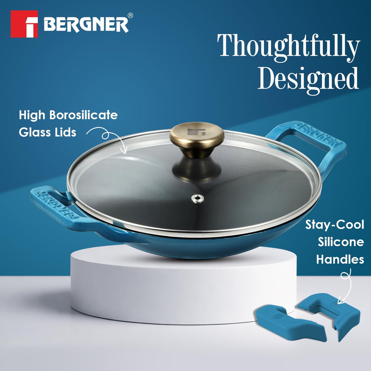 Bergner Excalibur 22cm Appachetty with Lid | 1L Cast Iron Non-Stick CoatingBlue