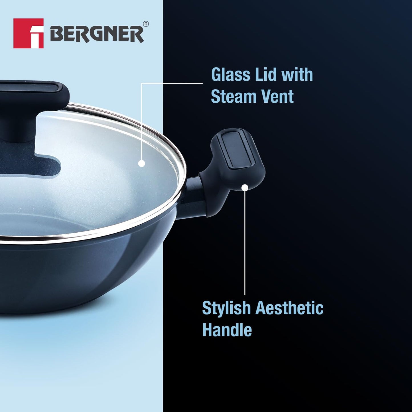Bergner Jade Ceramic Non-Stick Kadai 20cm (1.2L) with Glass Lid | Forged Aluminium