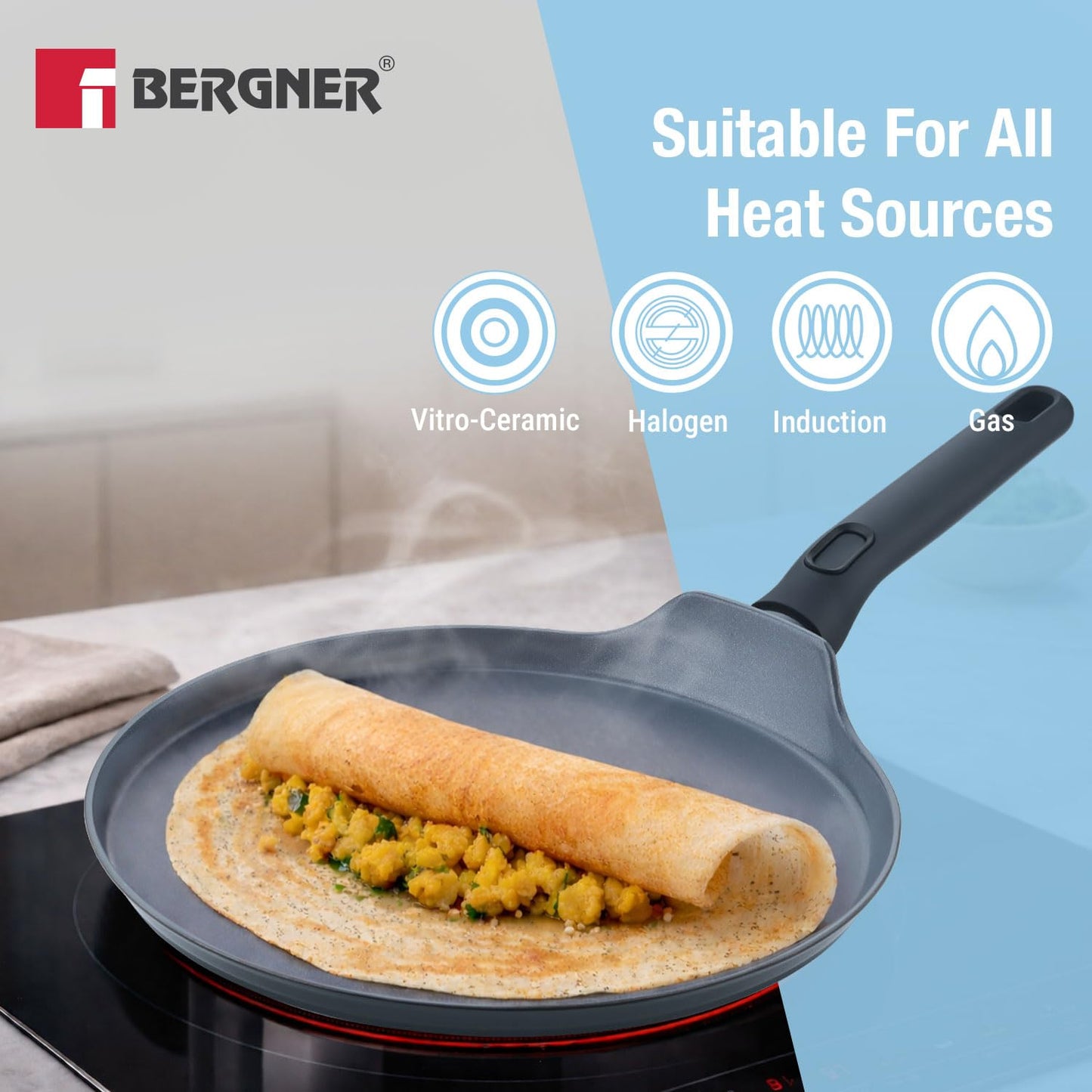Bergner Jade 28cm Ceramic Non-Stick Dosa Tawa | Forged Aluminium | Induction Ready