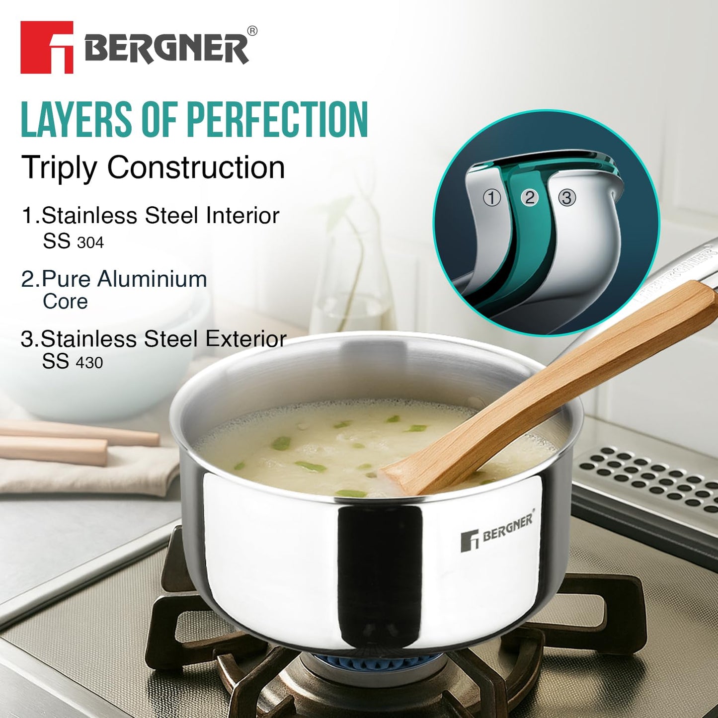 Bergner Tri-Oak Triply Saucepan with Wooden Handle