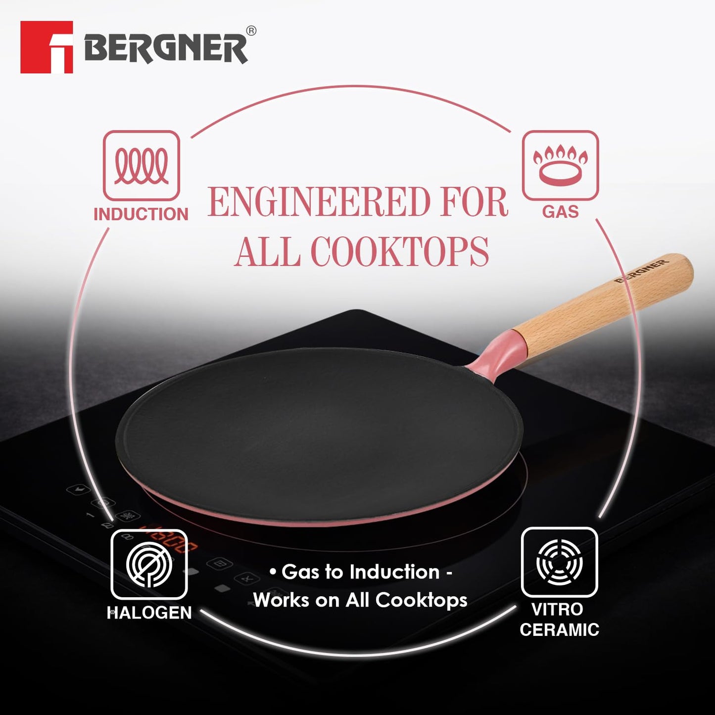 Bergner Excalibur 26cm Cast Iron Roti Tawa | PFAS-Free Non-Stick Pink