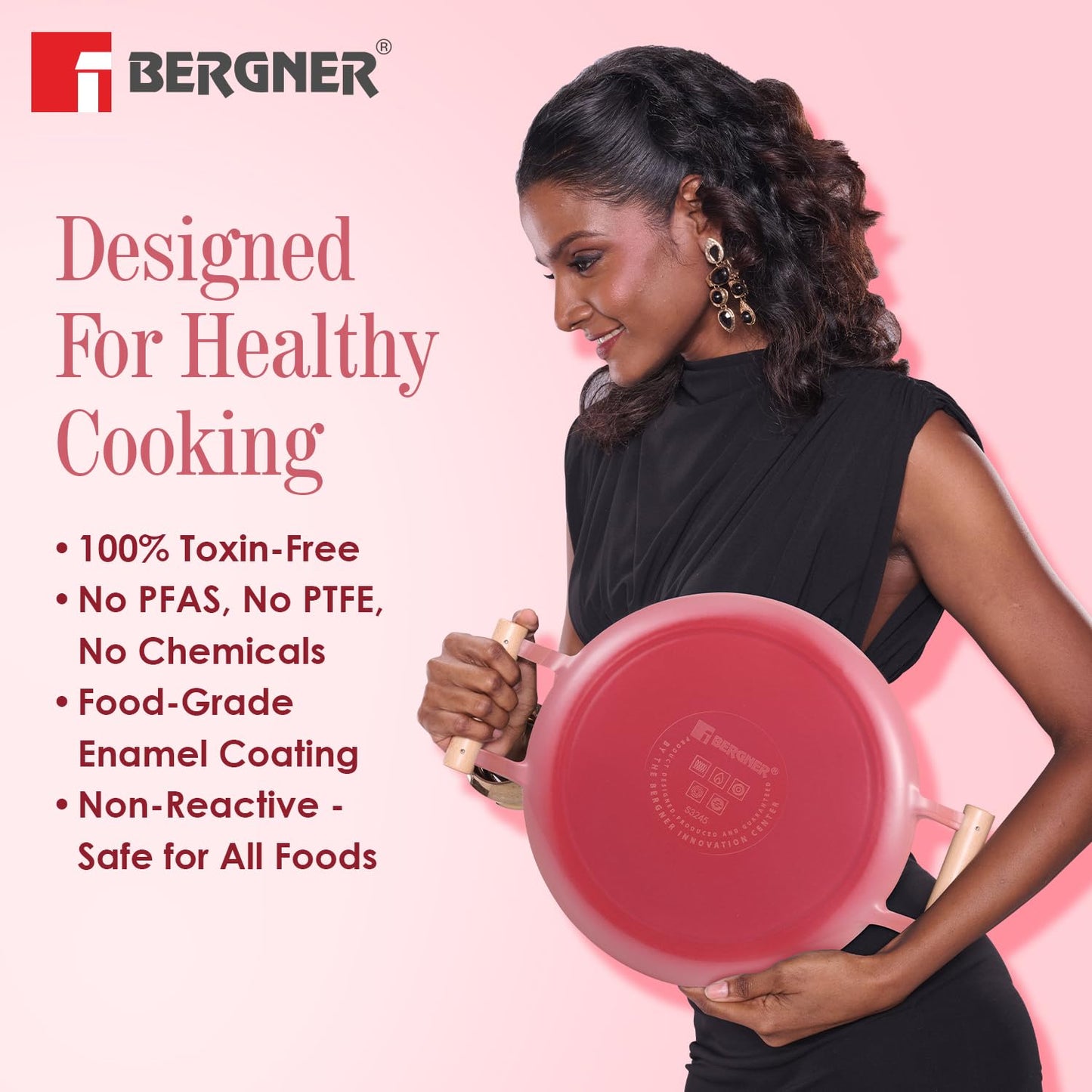 Bergner Excalibur 24cm Cast Iron Kadai with Lid | 2.5L Non-Stick Induction Kadhai Pink