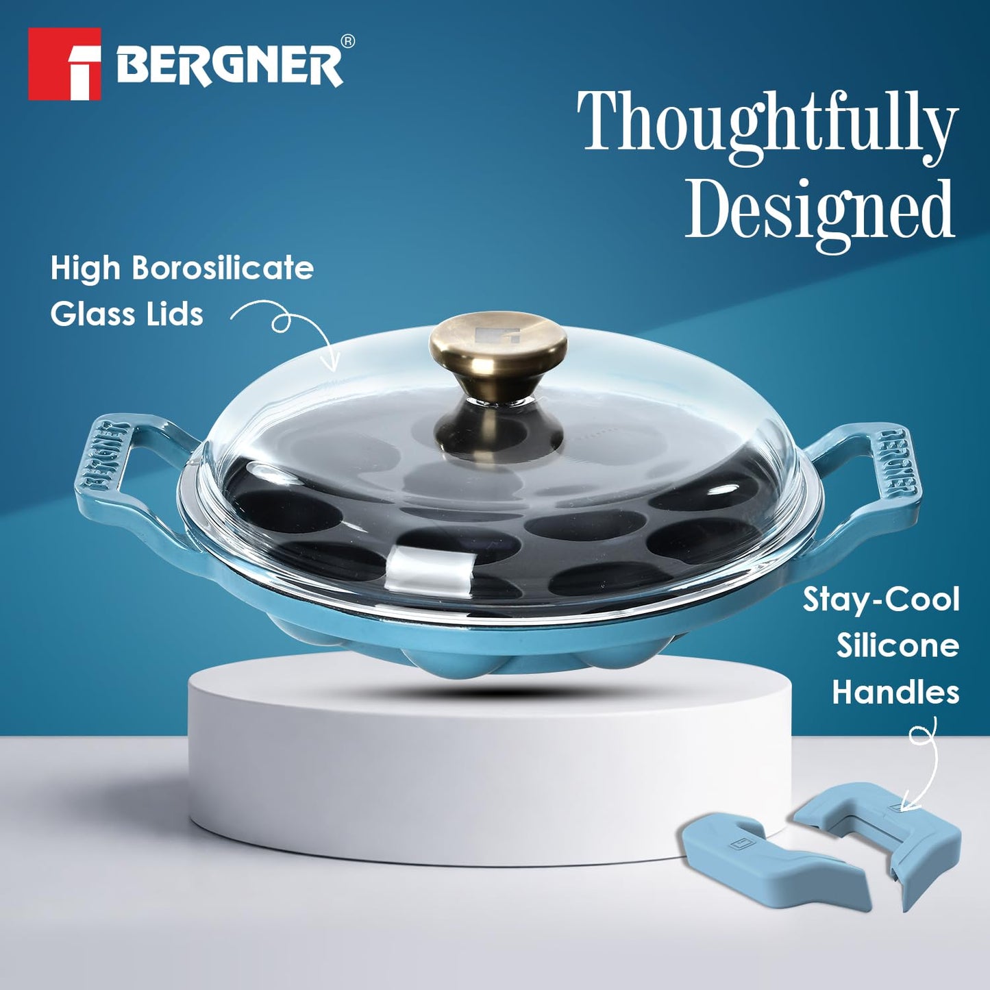 Bergner Excalibur 22cm Appam Pan with Lid | 12 Pits Cast Iron Paniyarakal Blue