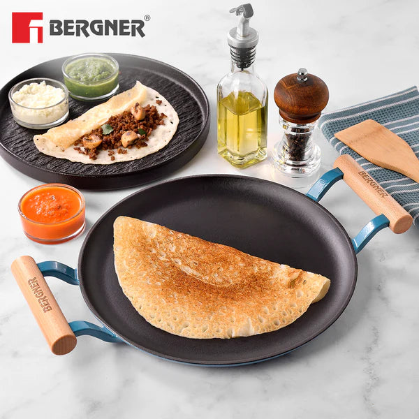 Bergner Excalibur 28cm Cast Iron Dosa Tawa with Double Handles | Blue