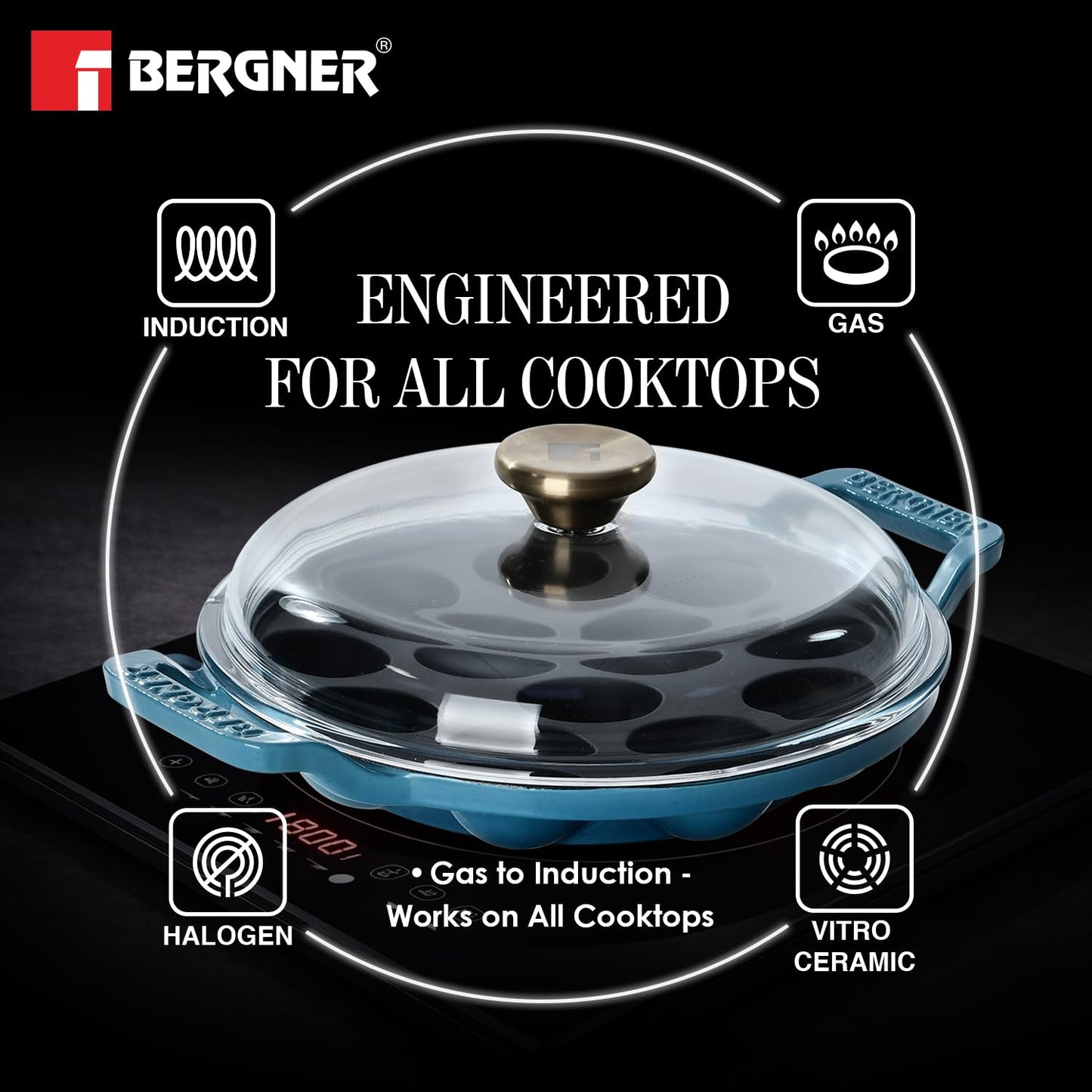 Bergner Excalibur 22cm Appam Pan with Lid | 12 Pits Cast Iron Paniyarakal Blue