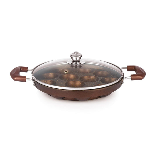Bright Appam Patra with Stainless Steel Lid Non-Stick Heavy Duty Aluminium 25 cm, 12 Cavity | Single Handle with Glass Lid | Appam Maker | Appam Patra |Pure & Toxin-Free, No Chemical Coating