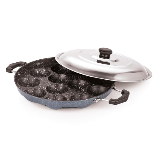 BRIGHT Appam Patra with Stainless Steel Lid Non-Stick Heavy Duty Aluminium 25 cm, 12 Cavity | Single Handle with SS Lid | Appam Maker | Appam Patra | Appam pan|Pure & Toxin-Free, No Chemical Coating