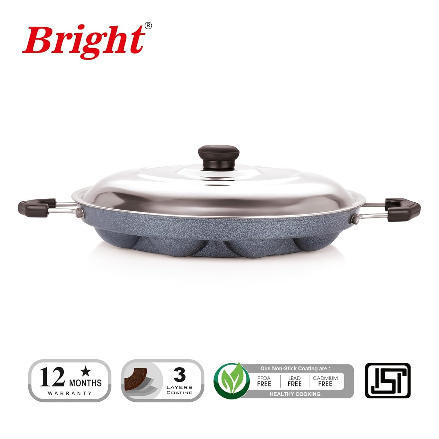 BRIGHT Appam Patra with Stainless Steel Lid Non-Stick Heavy Duty Aluminium 25 cm, 12 Cavity | Single Handle with SS Lid | Appam Maker | Appam Patra | Appam pan|Pure & Toxin-Free, No Chemical Coating