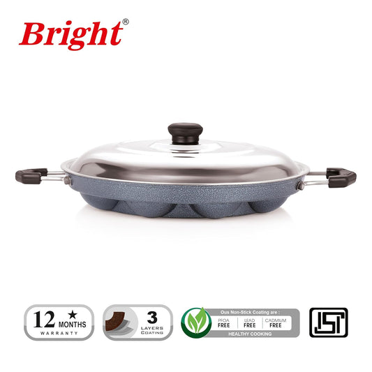BRIGHT Appam Patra with Stainless Steel Lid Non-Stick Heavy Duty Aluminium 25 cm, 12 Cavity | Single Handle with SS Lid | Appam Maker | Appam Patra | Appam pan|Pure & Toxin-Free, No Chemical Coating