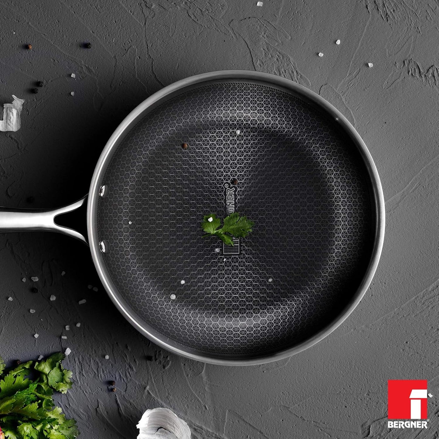 BERGNER Hitech Triply Stainless Steel Scratch Resistant Non Stick Frypan, Induction Base, Food Safe (PFOA Free), 5 Years Warranty, Silver