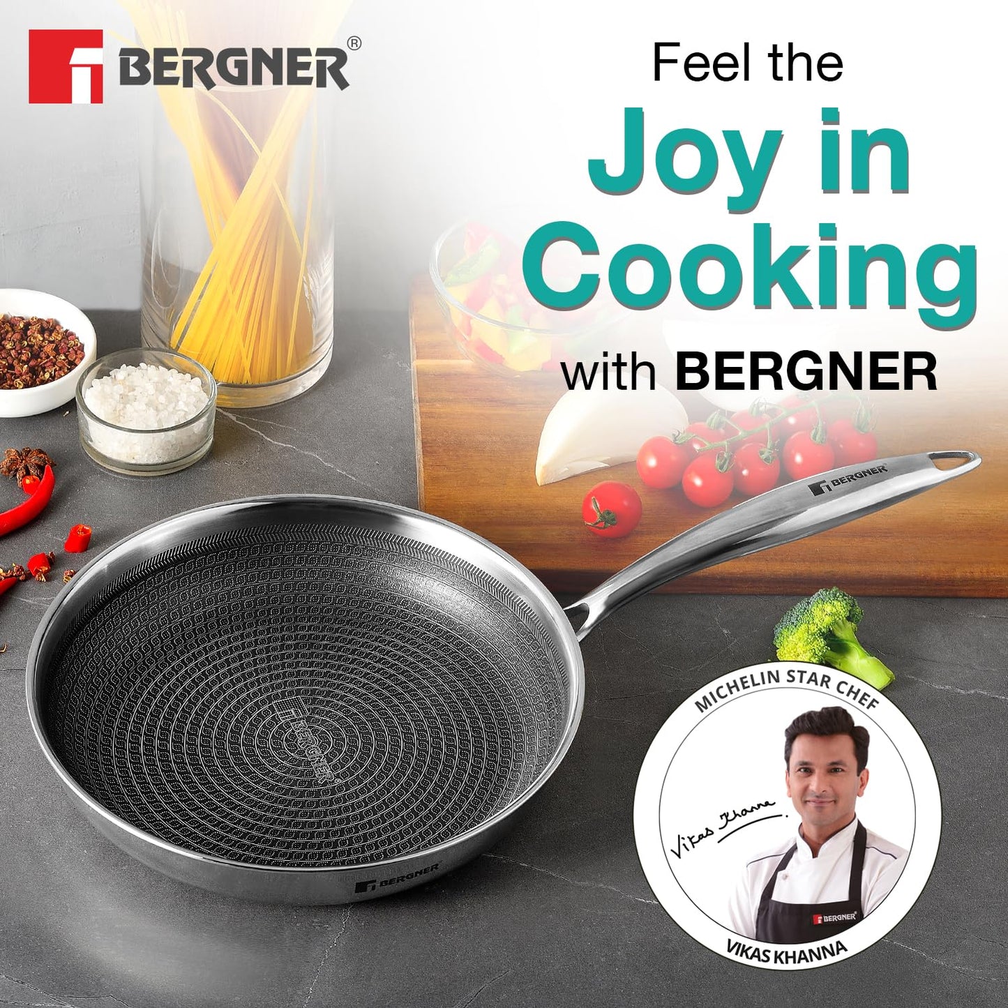 BERGNER Hitech Triply Stainless Steel Scratch Resistant Non Stick Frypan, Induction Base, Food Safe (PFOA Free), 5 Years Warranty, Silver