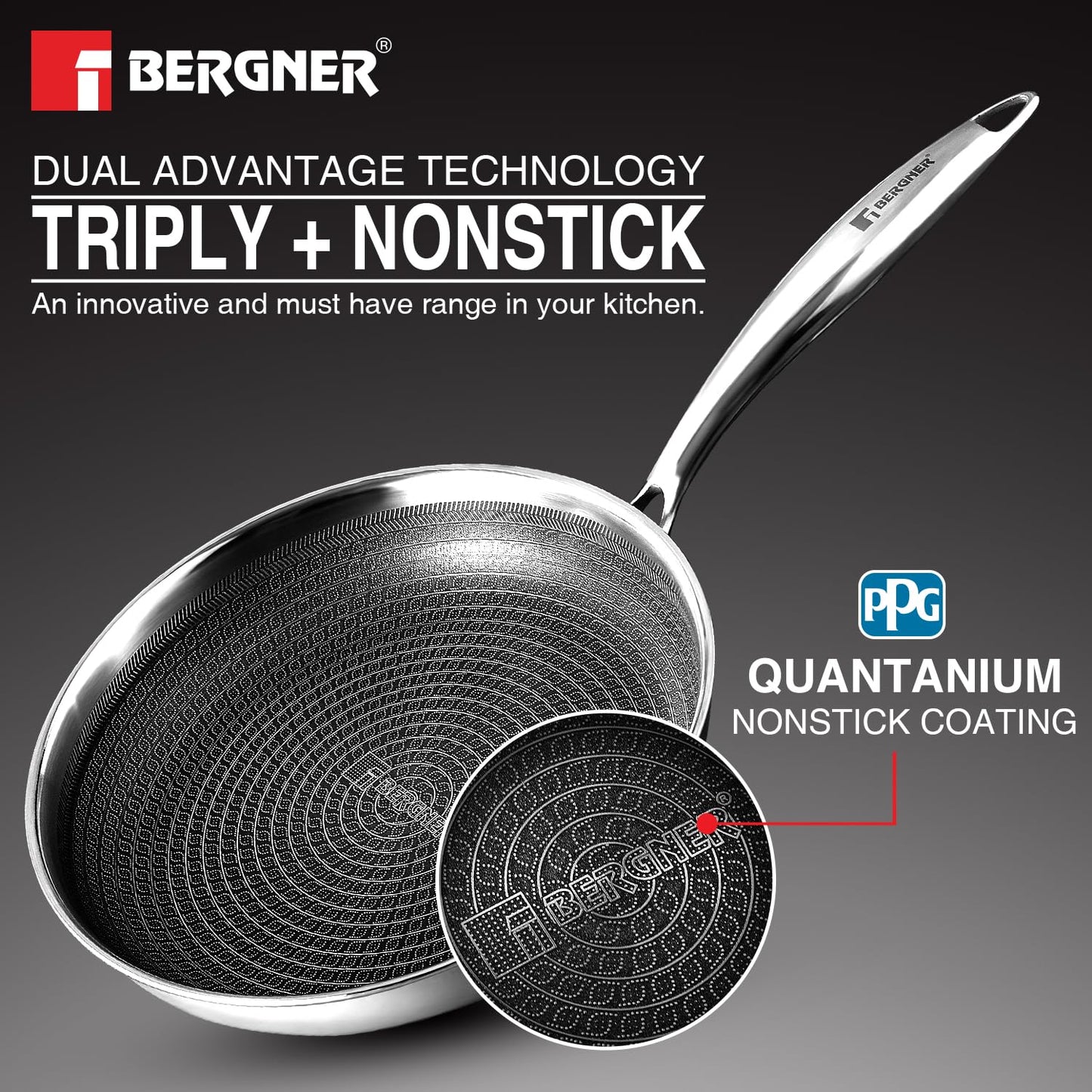 BERGNER Hitech Triply Stainless Steel Scratch Resistant Non Stick Frypan, Induction Base, Food Safe (PFOA Free), 5 Years Warranty, Silver