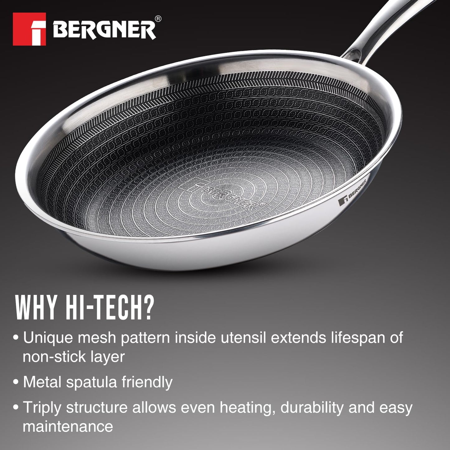 BERGNER Hitech Triply Stainless Steel Scratch Resistant Non Stick Frypan, Induction Base, Food Safe (PFOA Free), 5 Years Warranty, Silver