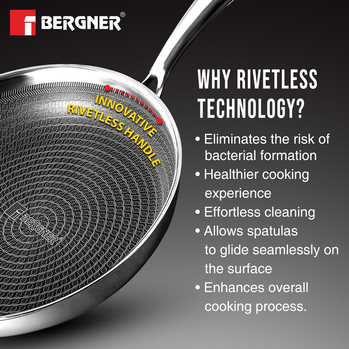 BERGNER Hitech Triply Stainless Steel Scratch Resistant Non Stick Frypan, Induction Base, Food Safe (PFOA Free), 5 Years Warranty, Silver