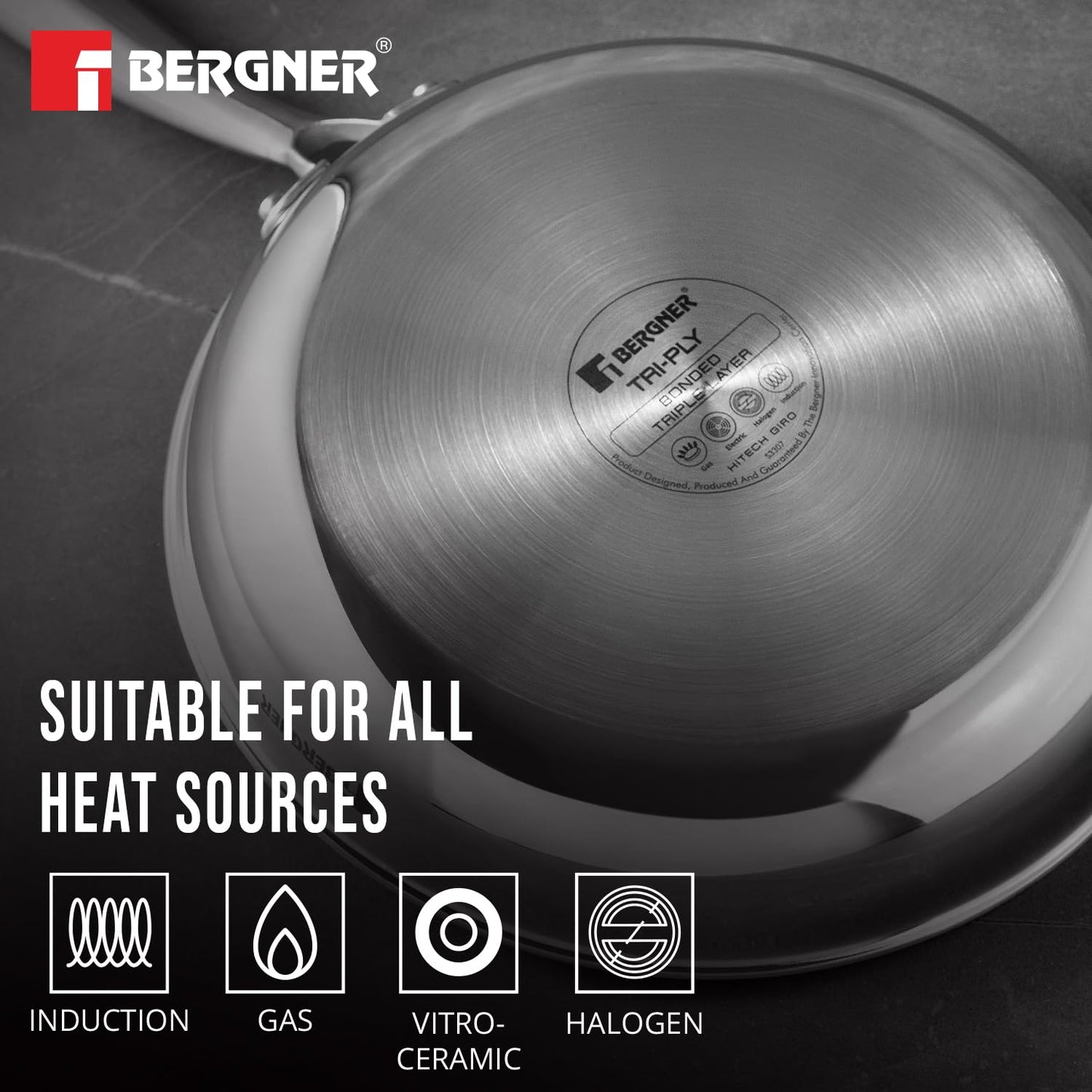 BERGNER Hitech Triply Stainless Steel Scratch Resistant Non Stick Frypan, Induction Base, Food Safe (PFOA Free), 5 Years Warranty, Silver