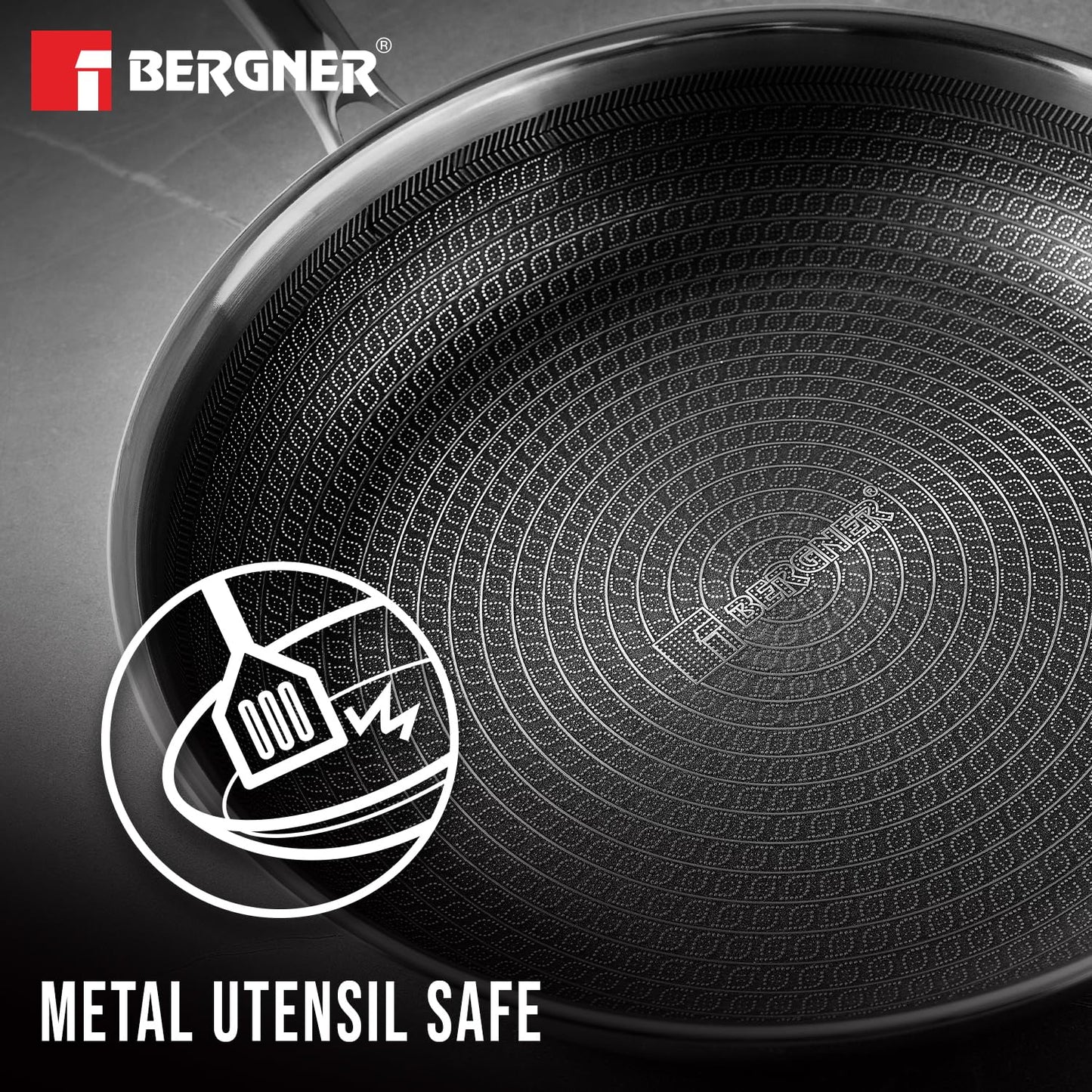BERGNER Hitech Triply Stainless Steel Scratch Resistant Non Stick Frypan, Induction Base, Food Safe (PFOA Free), 5 Years Warranty, Silver
