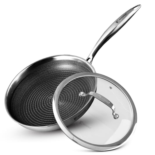 Bergner Hitech Triply Non-Stick Frypan with Glass Lid, Frying Pan with Non-Stick Mesh Pattern Inside, Rivetless Handles, Metal Spatula Friendly, Induction Bottom and Gas Stove Ready