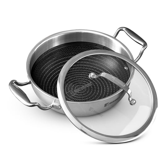 Bergner Hitech Triply Non-Stick Kadai with Flat Glass Lid, Kadhai with Non-Stick Mesh Pattern Inside, Metal Spatula Friendly, Even Heat Distribution, Induction Bottom and Gas Stove Ready