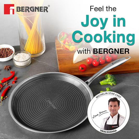 Bergner Hitech Triply Non-Stick Dosa Tawa, Tawa for Dosas with Non-Stick Mesh Pattern, Rivetless Handle, Metal Spatula Friendly, Even Heat Distribution, Induction Bottom and Gas Stove Ready
