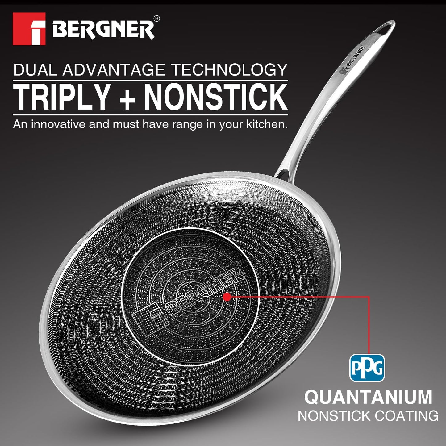 Bergner Hitech Triply Non-Stick Dosa Tawa, Tawa for Dosas with Non-Stick Mesh Pattern, Rivetless Handle, Metal Spatula Friendly, Even Heat Distribution, Induction Bottom and Gas Stove Ready