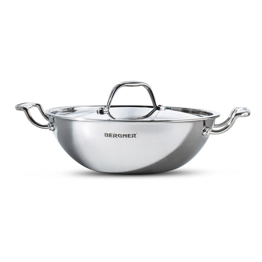 Bergner Argent TriPly Stainless Steel Kadai with Stainless Steel Lid, Kadhai with Lid, Food Safe, Stay Cool Cast Handles, Dishwasher Safe -Induction Bottom and Gas Stove Read