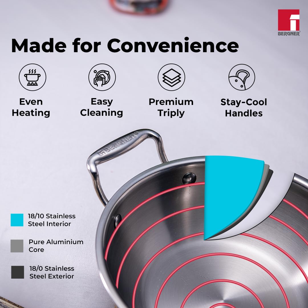 Bergner Argent TriPly Stainless Steel Kadai with Stainless Steel Lid, Kadhai with Lid, Food Safe, Stay Cool Cast Handles, Dishwasher Safe -Induction Bottom and Gas Stove Read